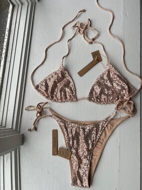 NWT SKIMS Rose Gold/Blush Sequin Bikini Set Size M